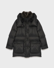 3/4 down jacket in water-repellent technical fabric with fox fur collar trim