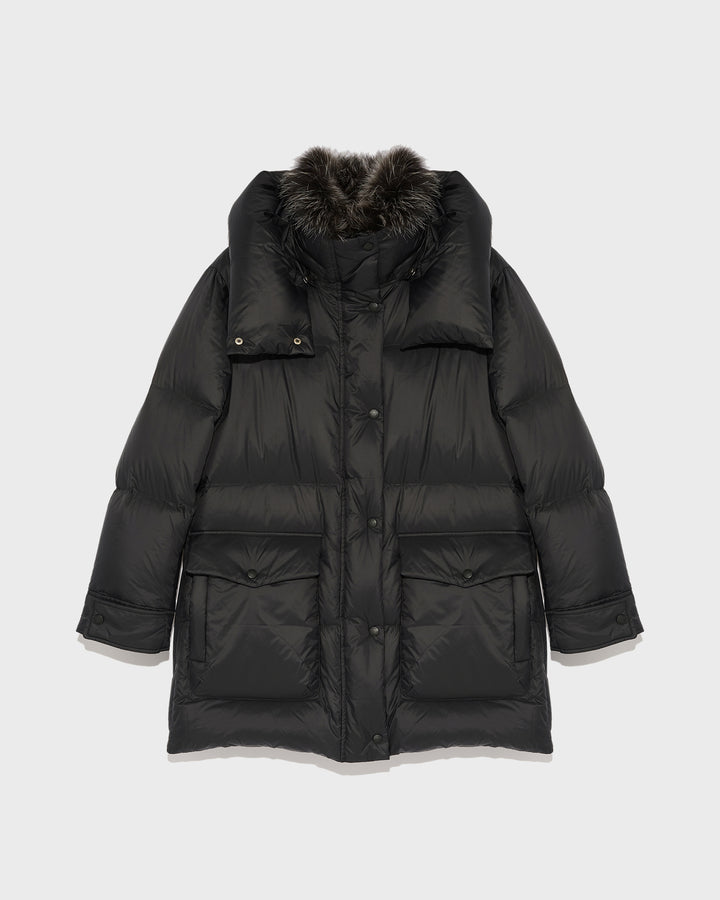 Black Friday - Yves Salomon  -3/4 down jacket in water-repellent technical fabric with fox fur collar trim