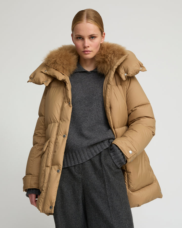 3/4 hooded down jacket in Tibetan lambswool