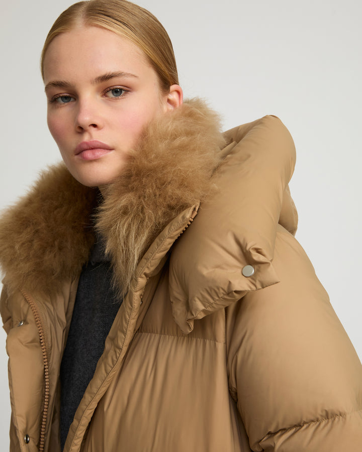 3/4 hooded down jacket in Tibetan lambswool
