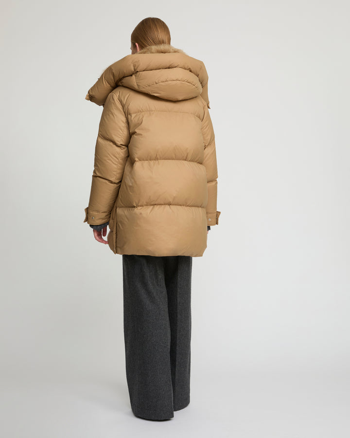 3/4 hooded down jacket in Tibetan lambswool