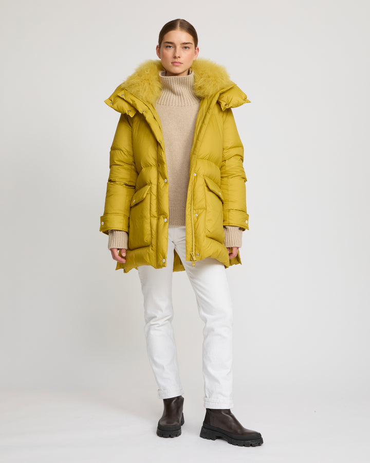 3/4 hooded down jacket in Tibetan lambswool