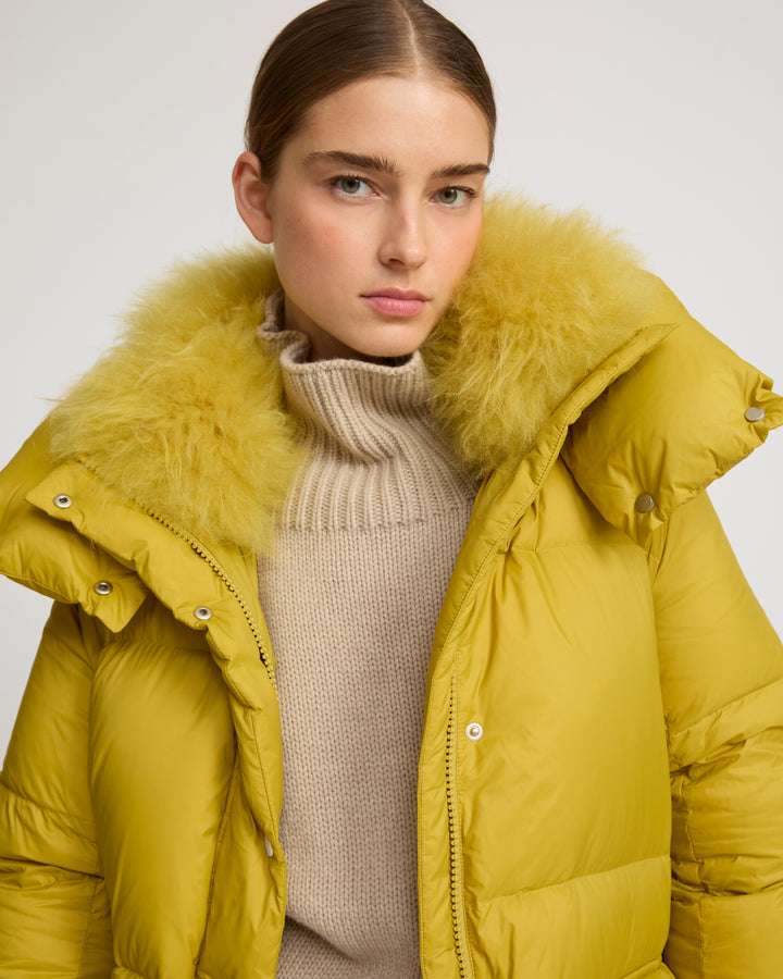 3/4 hooded down jacket in Tibetan lambswool