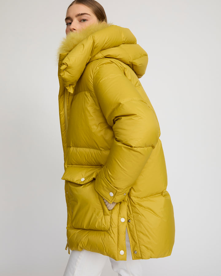 3/4 hooded down jacket in Tibetan lambswool