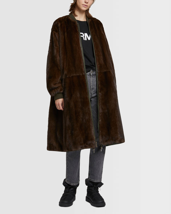 Reversible parka bomber jacket in water-repellent technical fabric and long-haired mink fur