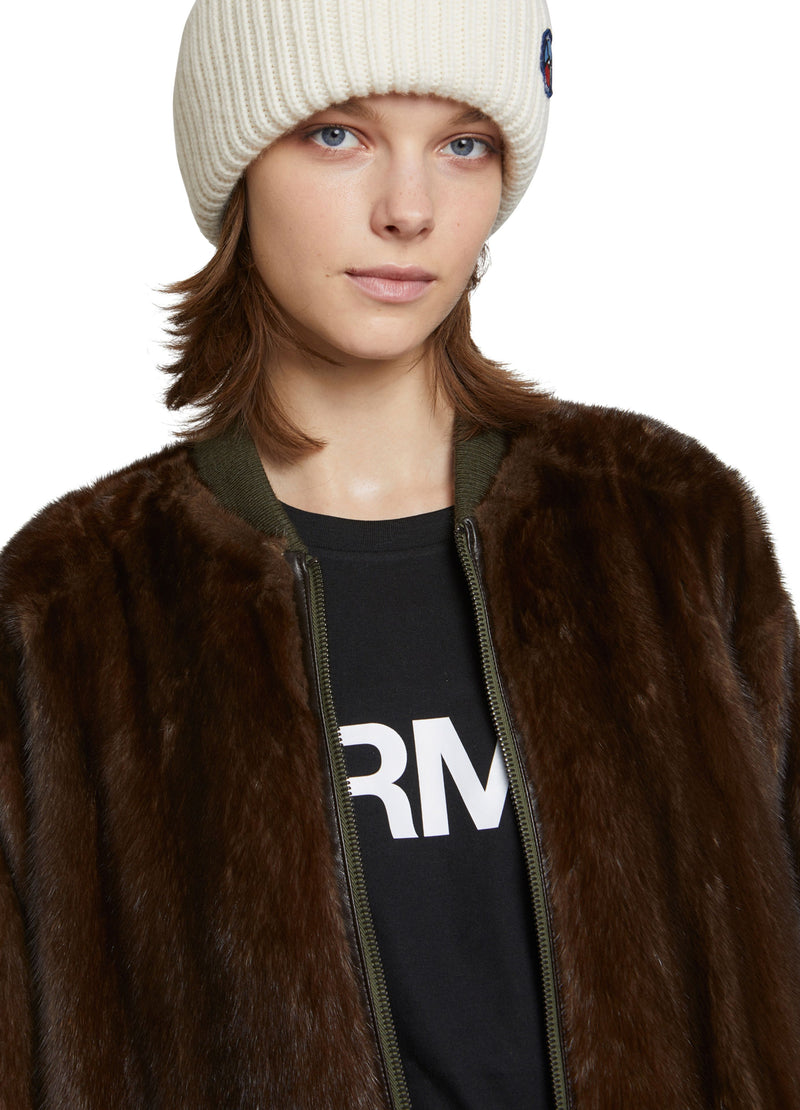 Long bomber parka style jacket in mink fur and reversible technical fabric