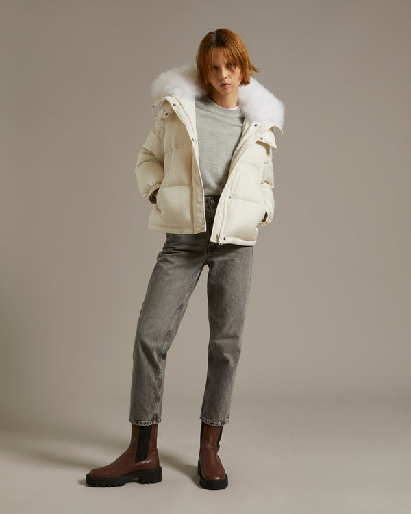 Down jacket in water-repellent technical fabric with collar trim in fluffy lambswool - white - Yves Salomon