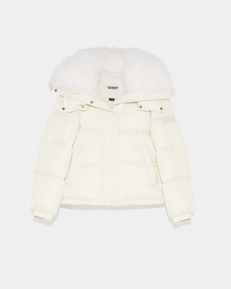 Down jacket in water-repellent technical fabric with collar trim in fluffy  lambswool