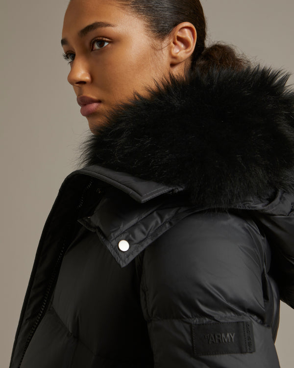 Down jacket in water-repellent technical fabric with collar trim in fluffy lambswool - black - Yves Salomon