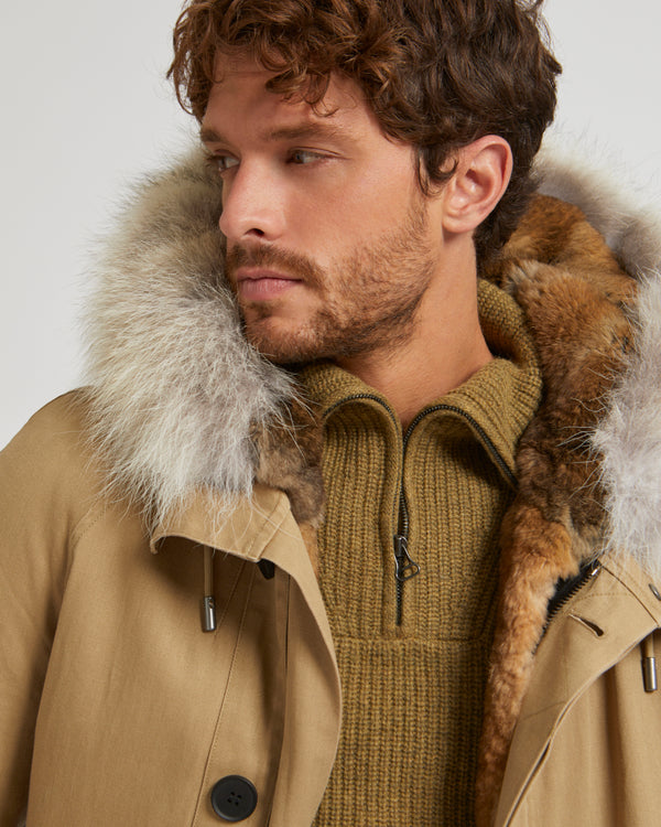 Short Iconic Parka In Cotton Gabardine And Fur