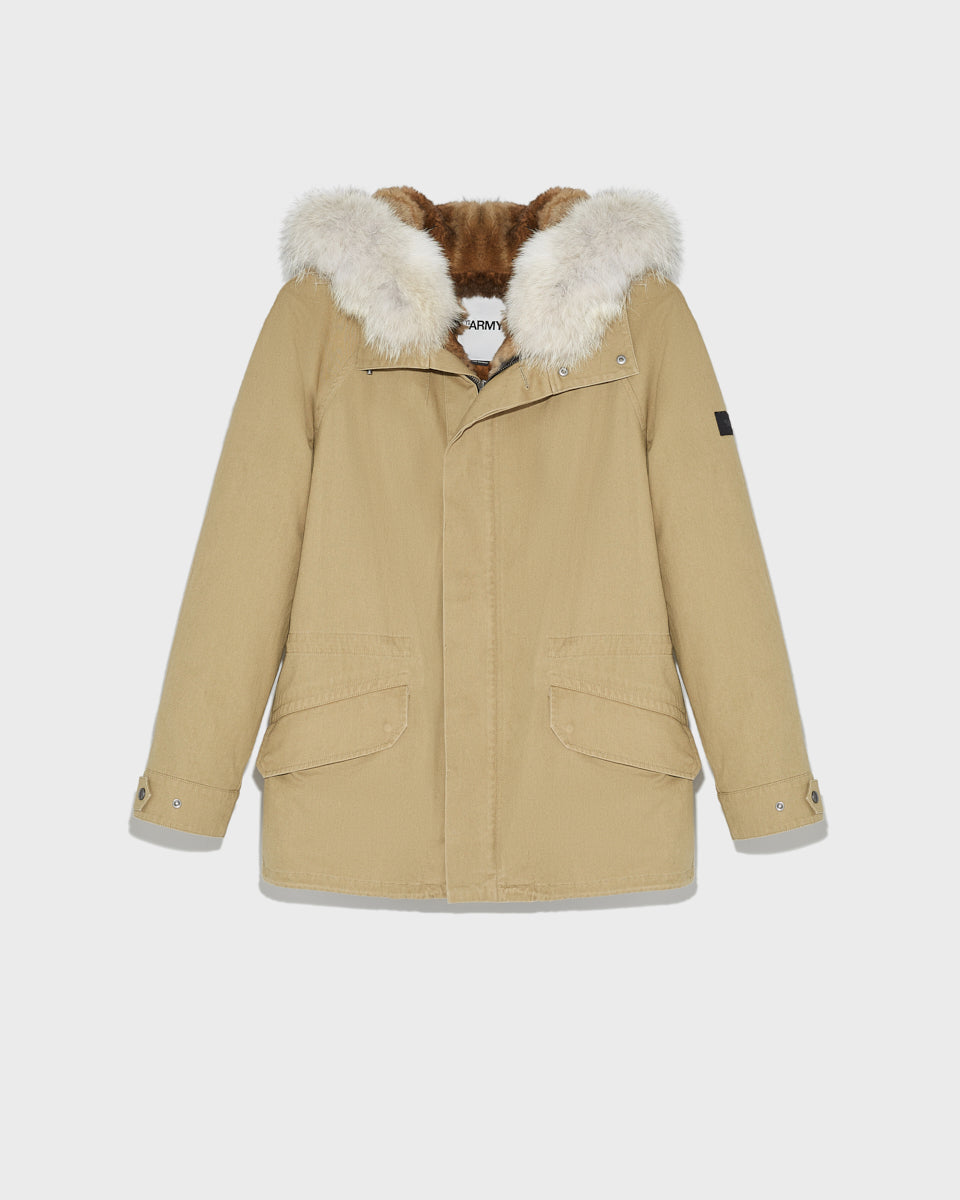 Short Iconic Parka In Cotton Gabardine And Fur - khaki - Yves