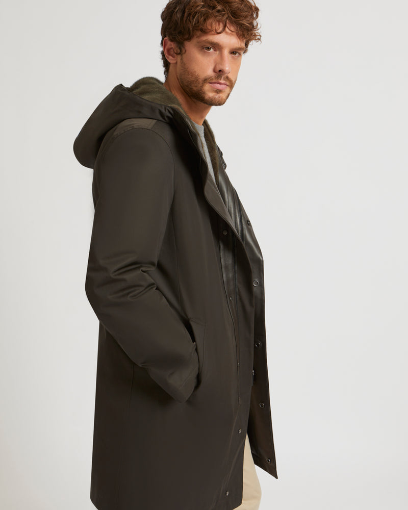 Long hooded coat in cotton, leather and mink - brown