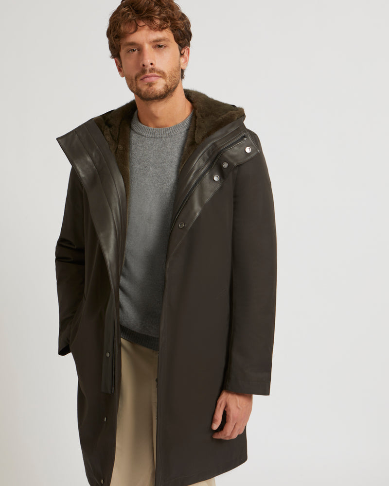 Long hooded coat in cotton, leather and mink - brown