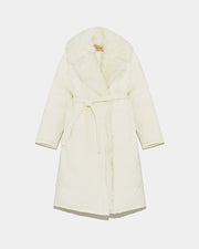 long belted down jacket with shearling trim