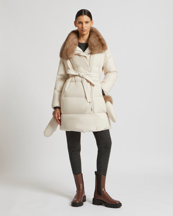 Belted down jacket in waterproof flannel fabric with sable collar - white - Yves Salomon