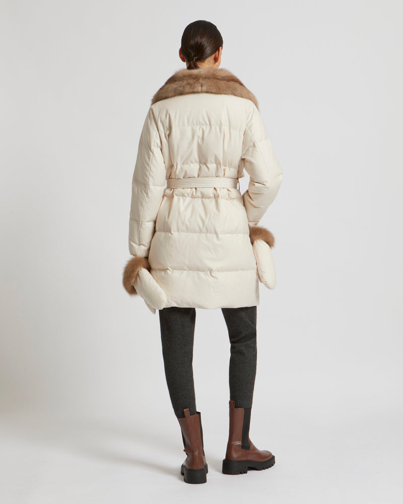 Belted down jacket in waterproof flannel fabric with sable collar - white - Yves Salomon
