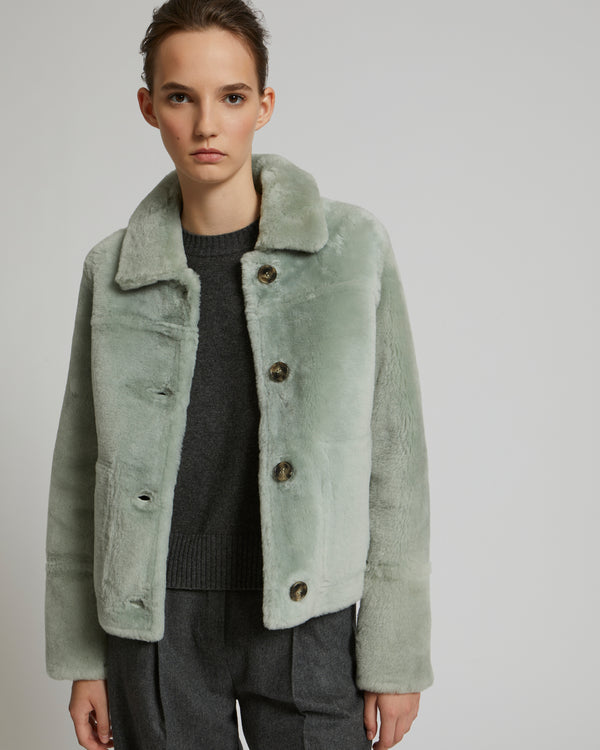 Short reversible jacket in merino lambskin - turquoise - Yves Salomon