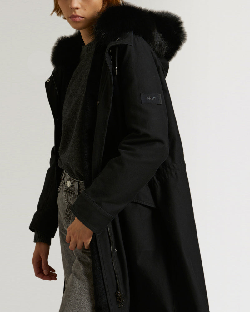 Long cotton parka with rabbit and fox fur