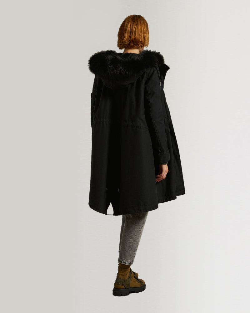 Long cotton parka with rabbit and fox fur