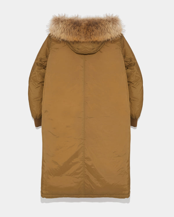 Long hooded down jacket with marmot fur