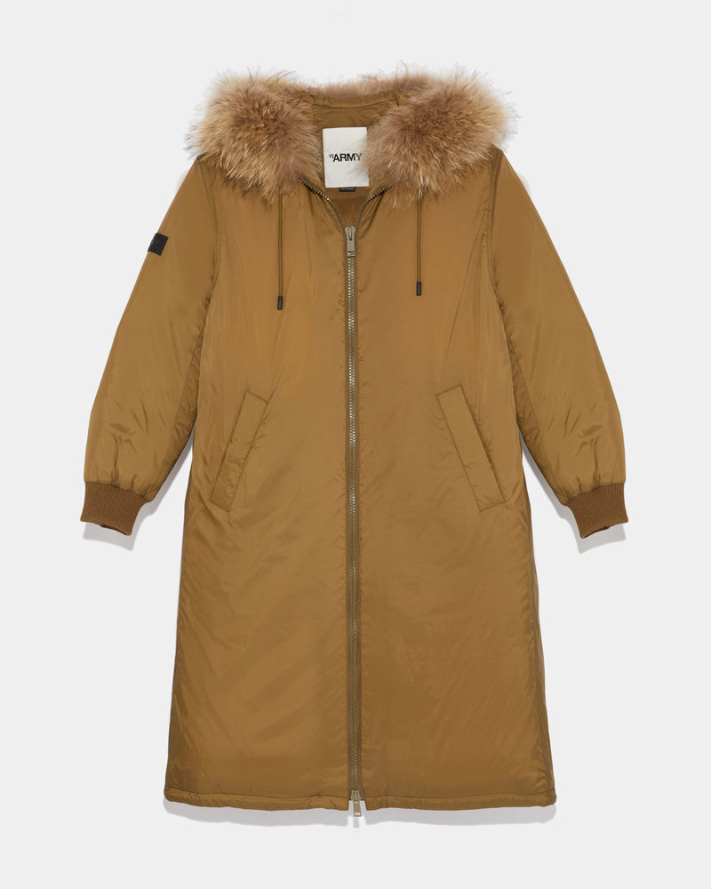 Long hooded down jacket with marmot fur