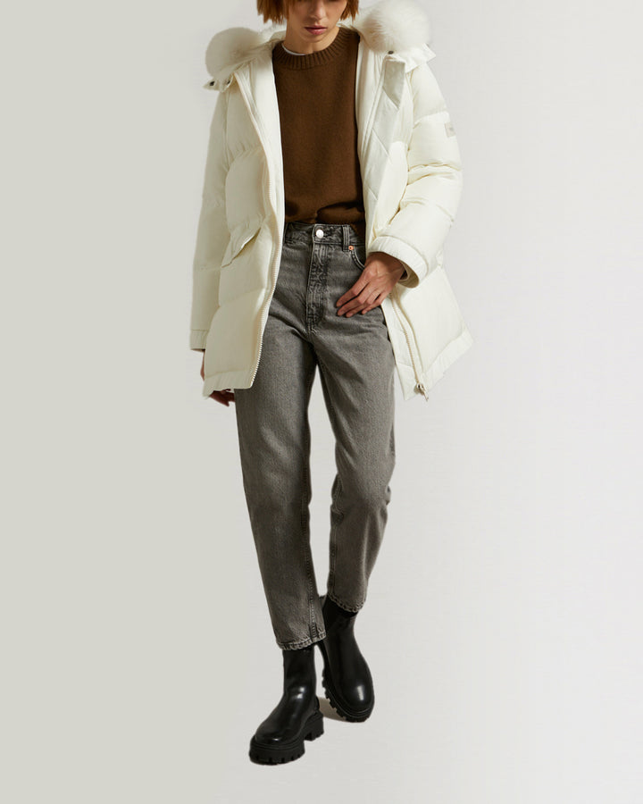 "A" line hooded down jacket with fox fur collar-Yves Salomon-Winter sale & boxing day