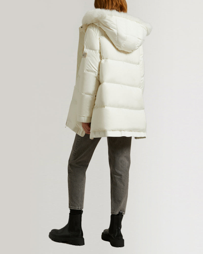 "A" line hooded down jacket with fox fur collar