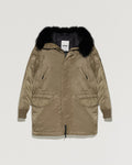 Hooded down jacket in technical fabric with fox fur