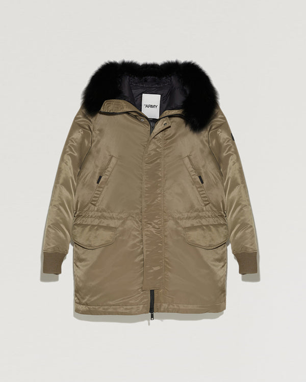 Hooded down jacket in technical fabric with fox fur-Yves Salomon-Winter sale & boxing day