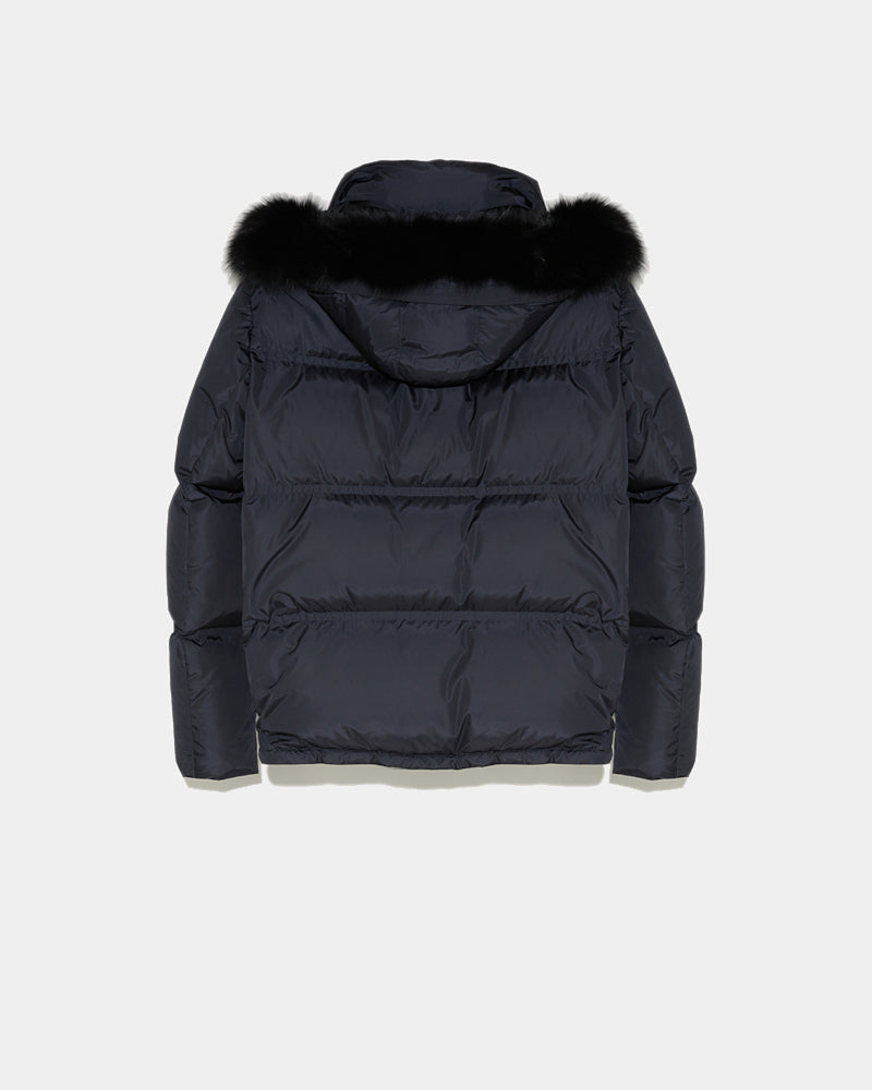 Hooded down jacket in technical gabardine with fox fur