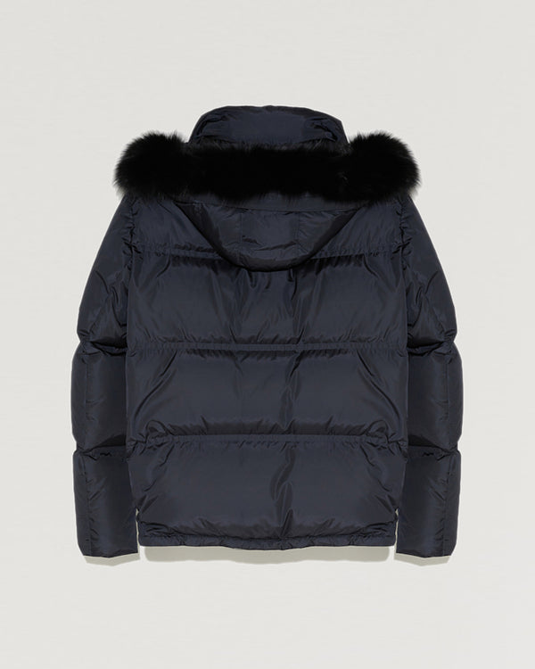 Hooded down jacket in technical gabardine with fox fur-Yves Salomon-Winter sale & boxing day