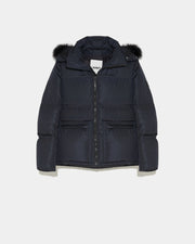 Hooded down jacket in technical gabardine with fox fur