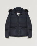 Hooded down jacket in technical gabardine with fox fur