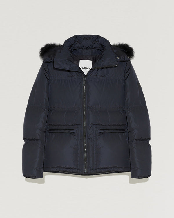 Hooded down jacket in technical gabardine with fox fur-Yves Salomon-Winter sale & boxing day