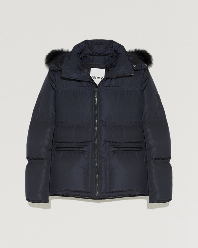 Hooded down jacket in technical gabardine with fox fur-Yves Salomon-Winter sale & boxing day