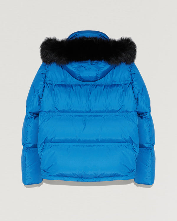 Hooded down jacket in technical gabardine with fox fur