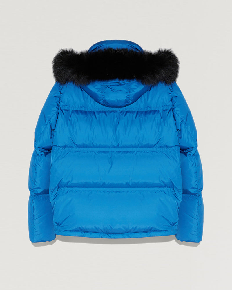 Hooded down jacket in technical gabardine with fox fur