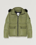 Hooded down jacket in technical gabardine with fox fur