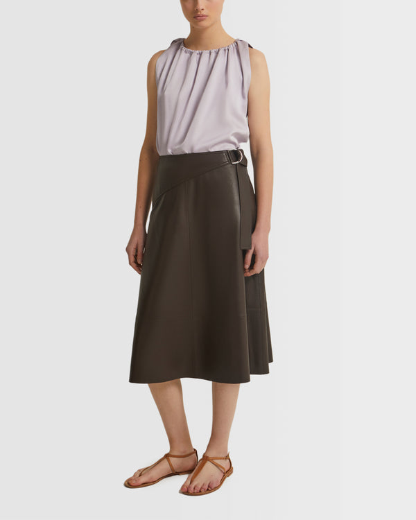 Belted leather midi skirt in lamb leather