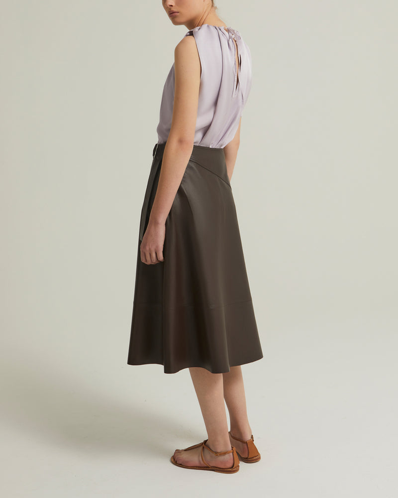 Belted leather midi skirt