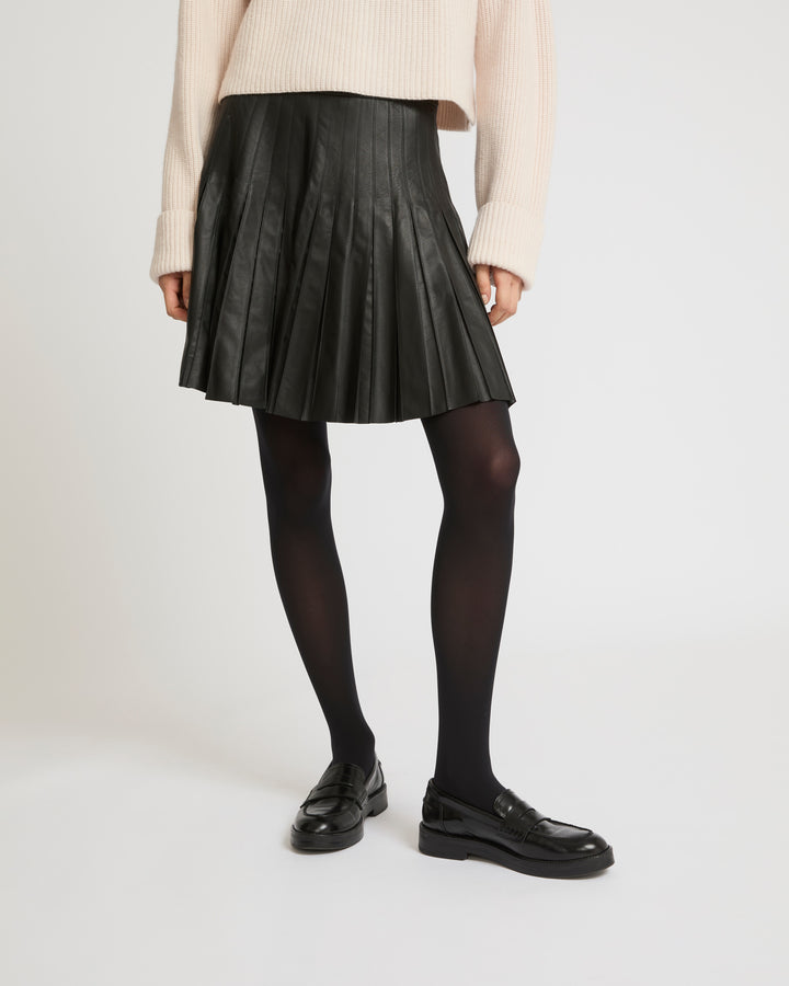 Pleated mini skirt in thin lambskin leather - black