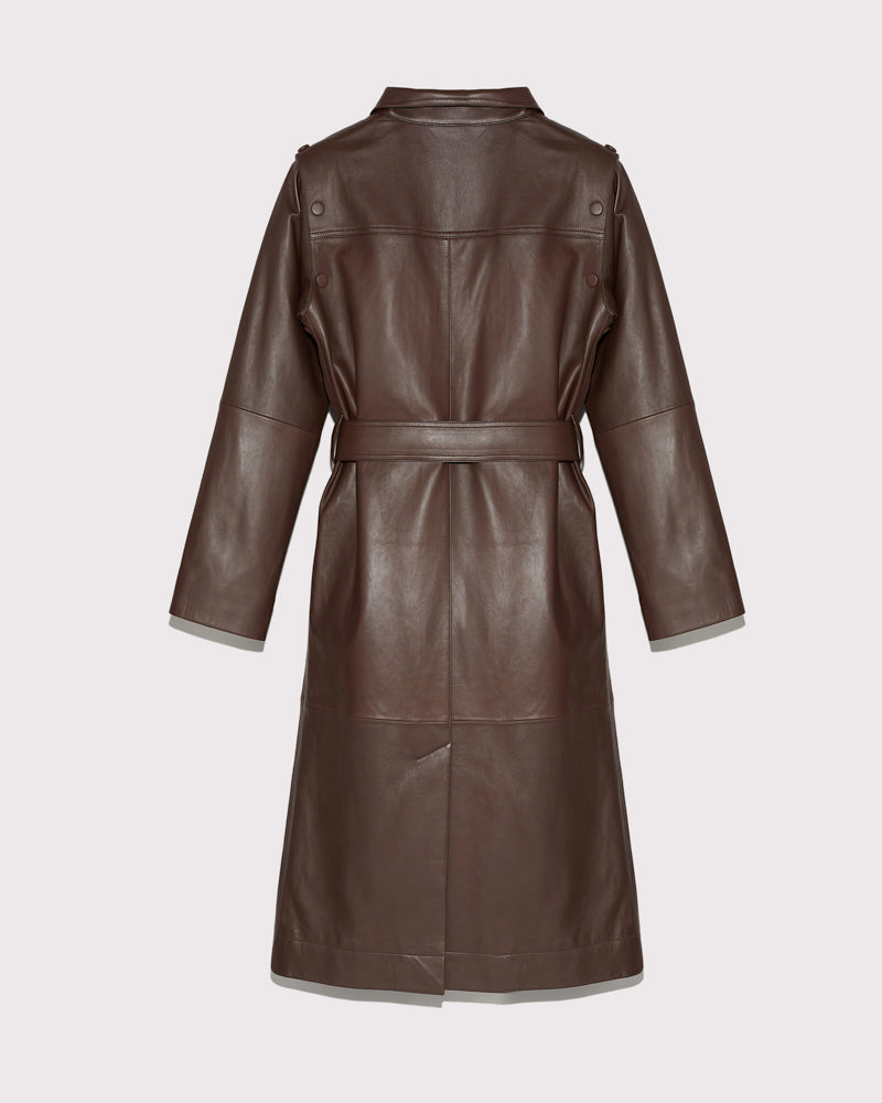 long belted leather coat brown