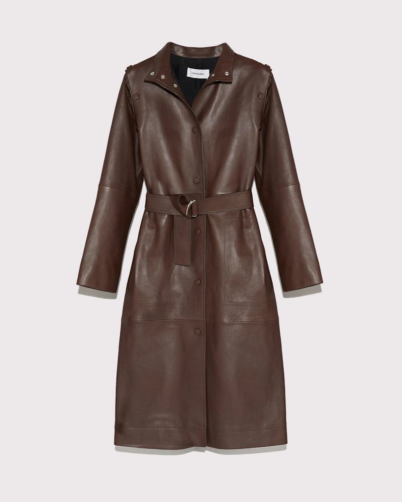 long belted leather coat brown