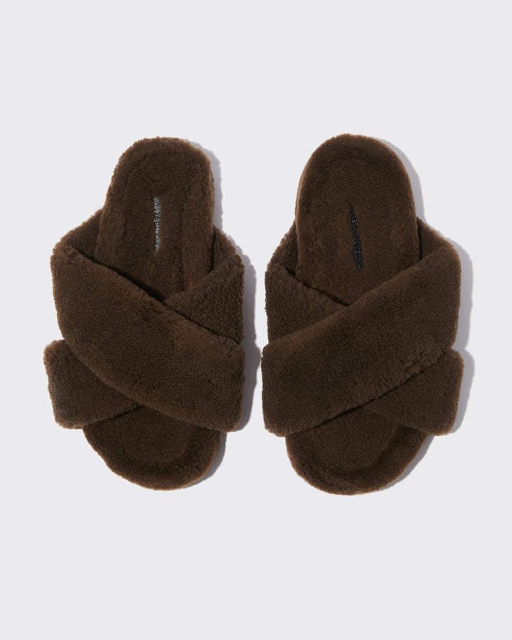 Curly merino mules - brown - Yves Salomon