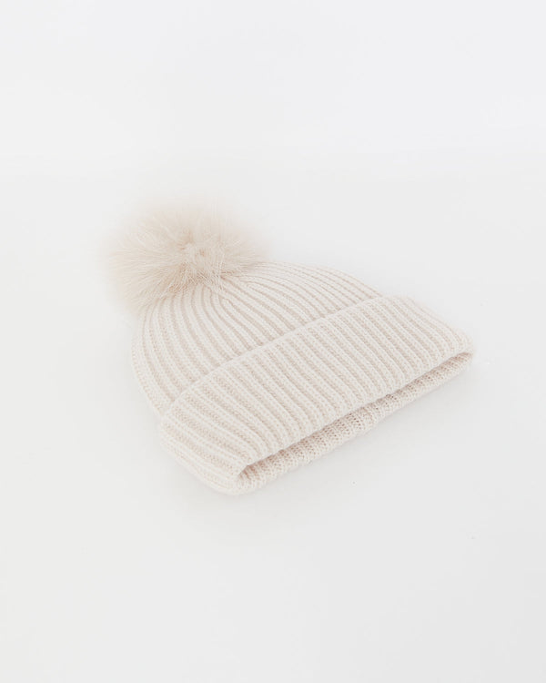 Cashmere and wool knit beanie with fox fur pompom - beige - Yves Salomon