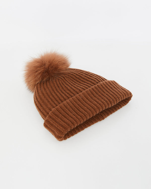 Cashmere and wool knit beanie with fox fur pompom - brown