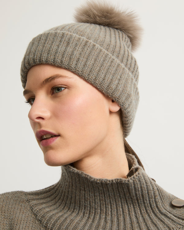 Cashmere and wool knit beanie with fox fur pompom - grey - Yves Salomon