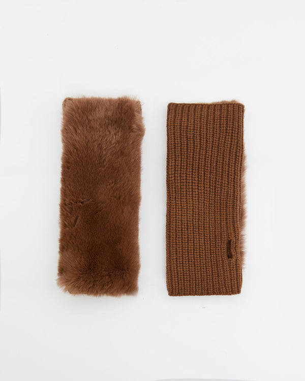 Cashmere and wool knit and rex fingerless gloves - brown - Yves Salomon