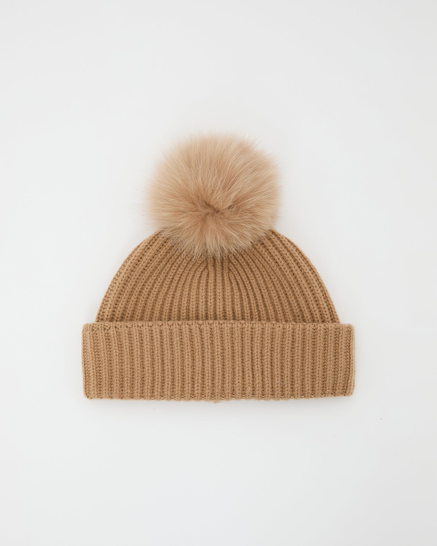 100% cashmere knit beanie with fox fur pompom