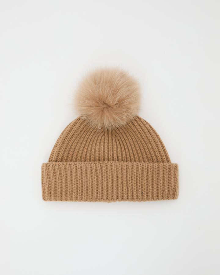 100% cashmere knit beanie with fox fur pompom